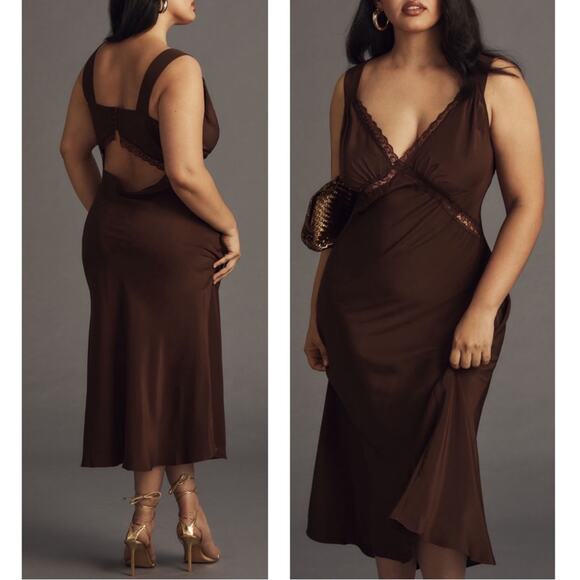 Reformation Provence Lace Trim Silk Cafe Brown Slip Maxi Dress Size 3X - Picture 3 of 9